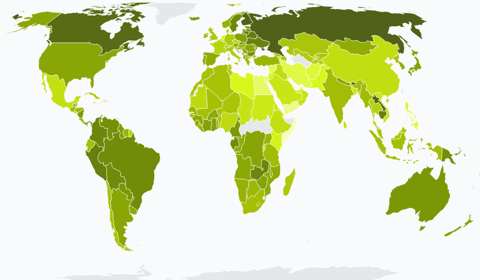 World map showing natural capital by country in 2025: darker shading indicates higher forest cover, biodiversity protection, and environmental quality, with resource-rich nations showing greater natural capital endowment