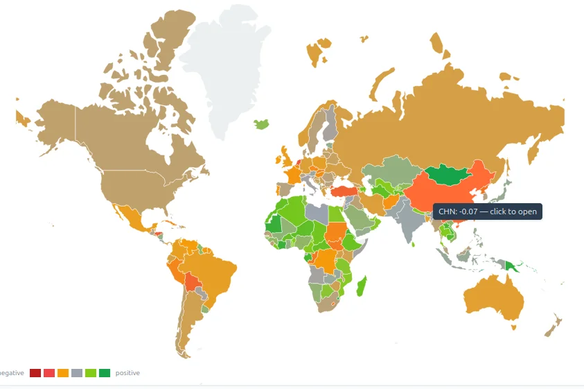 The Global Sentiment Monitor: world map shaded by 7-day weighted sentiment per country